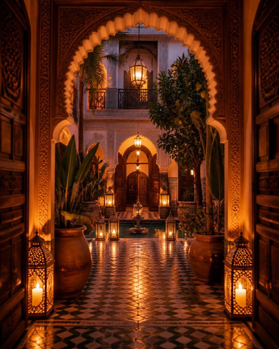 Patio de riad marocain illuminé aux lanternes au crépuscule à Marrakech