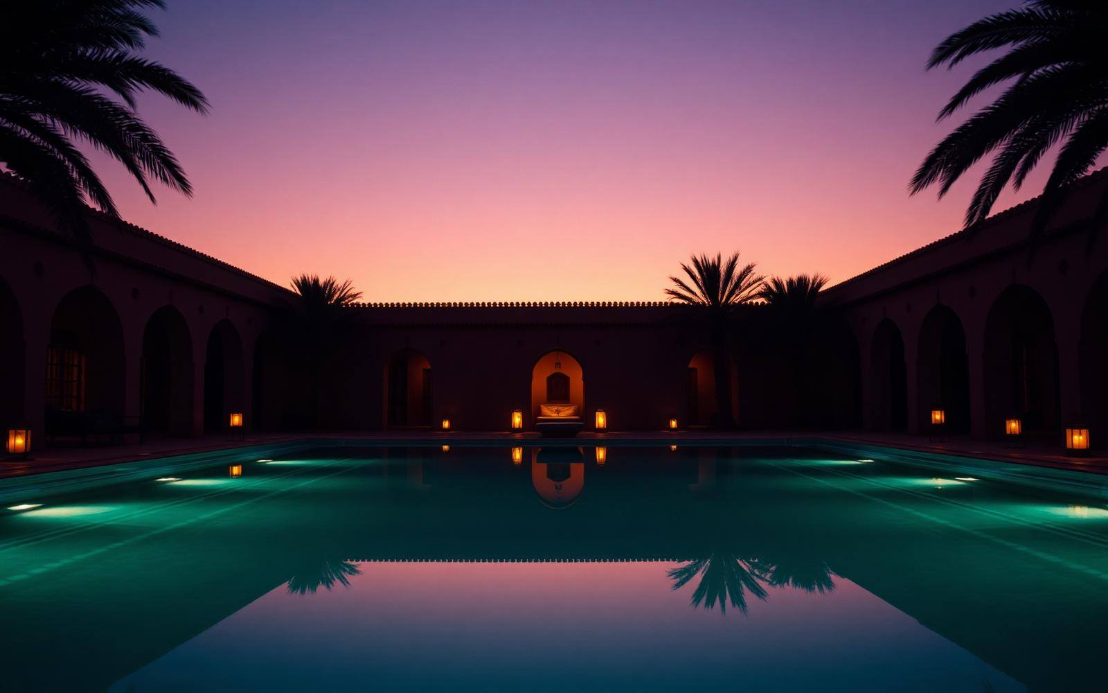 Piscine d'un riad au crépuscule